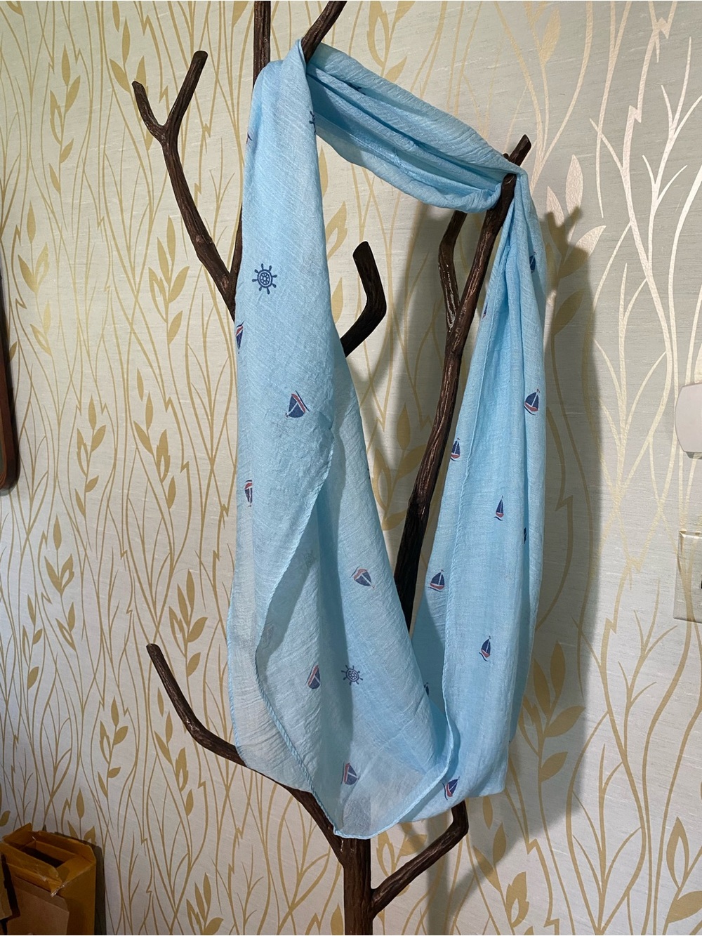 Infinity Scarf Light Blue Nautical Embroidered Scarf mini sailboat & wheel